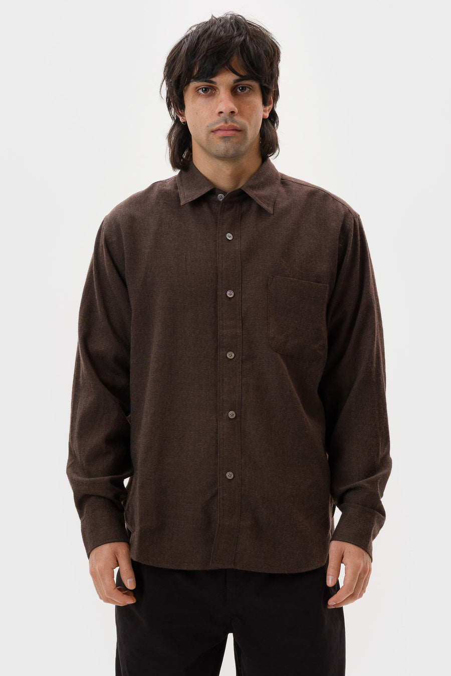 Aaron Levine High Twist Italian Wool Shirt in Chocolate - Notre