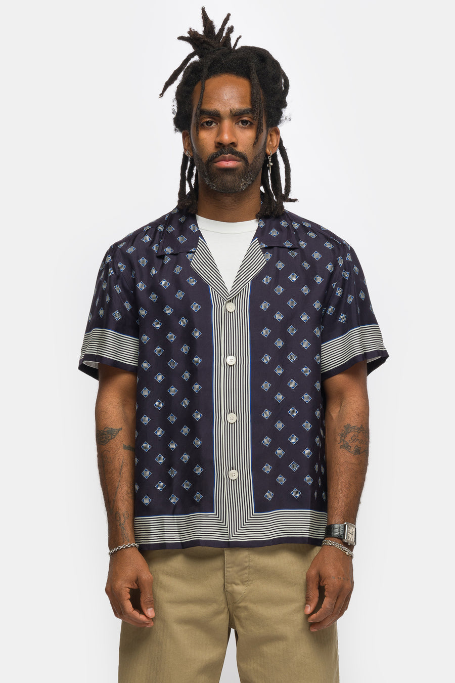 Bode Foyer Diamond Short Sleeve Shirt in Navy Blue - Notre