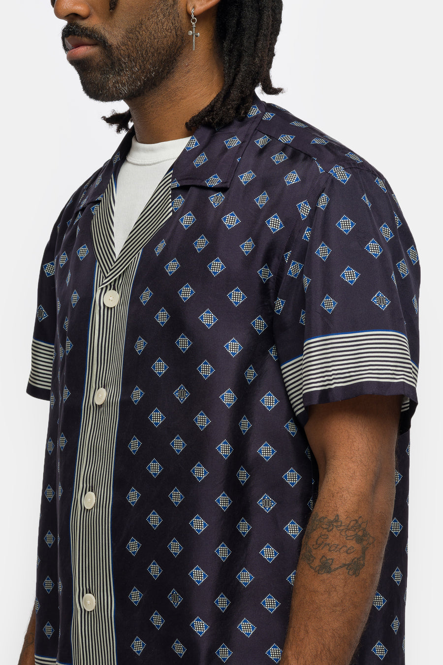 Bode Foyer Diamond Short Sleeve Shirt in Navy Blue - Notre