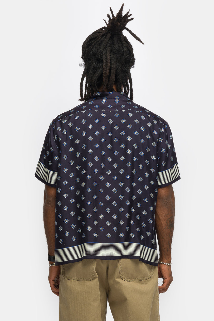 Bode Foyer Diamond Short Sleeve Shirt in Navy Blue - Notre