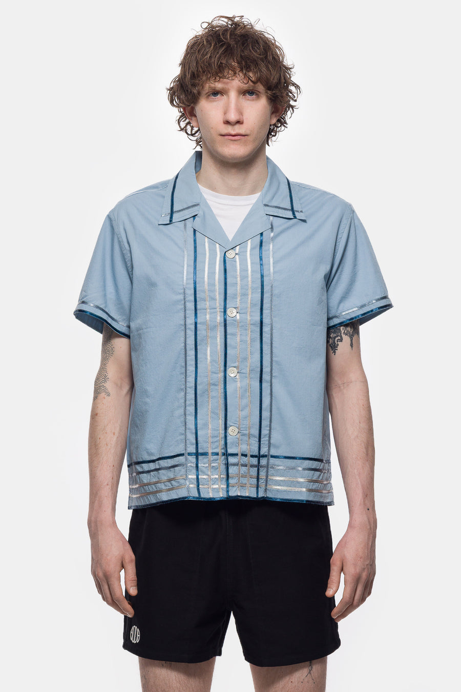 Bode Ribbon Plaid Short Sleeve Shirt in Blue Multi - Notre