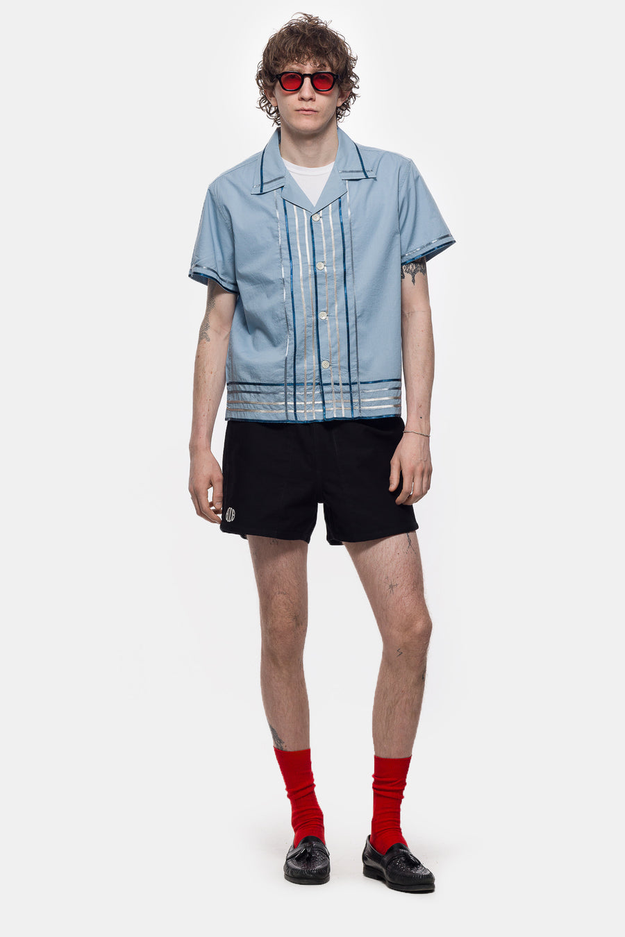 Bode Ribbon Plaid Short Sleeve Shirt in Blue Multi - Notre