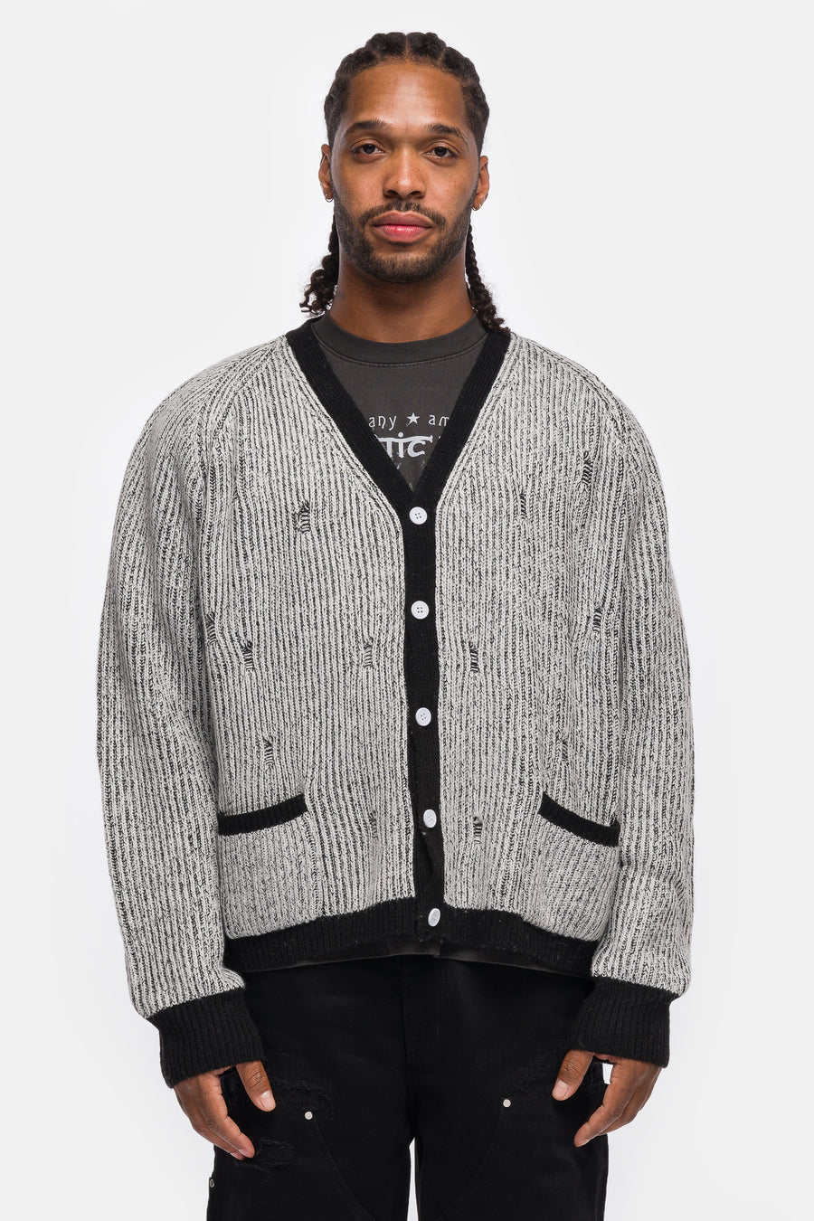 Basketcase Gallery Bleach Knit Cardigan in White/Black - Notre