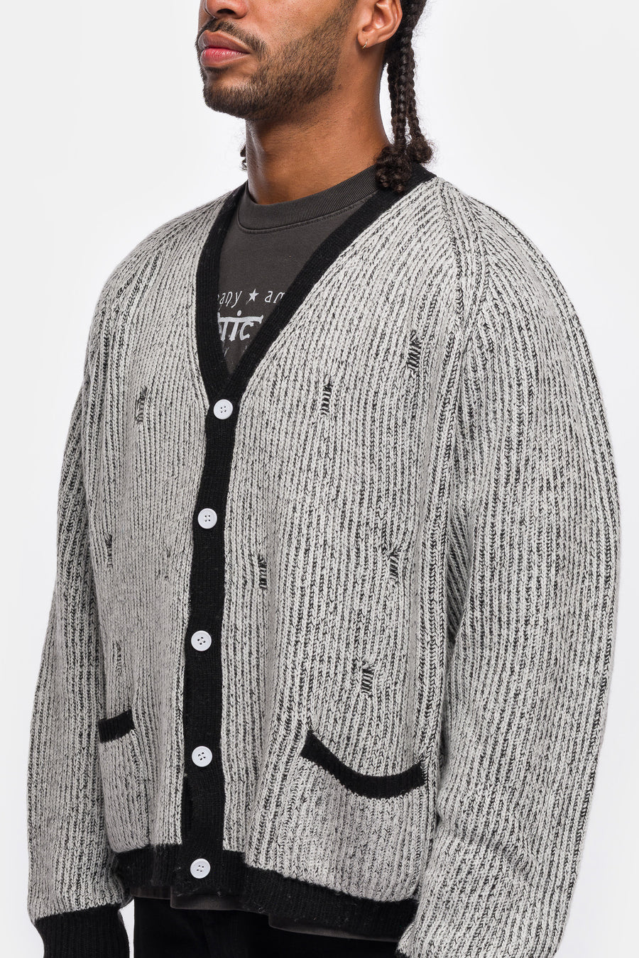 Basketcase Gallery Bleach Knit Cardigan in White/Black - Notre