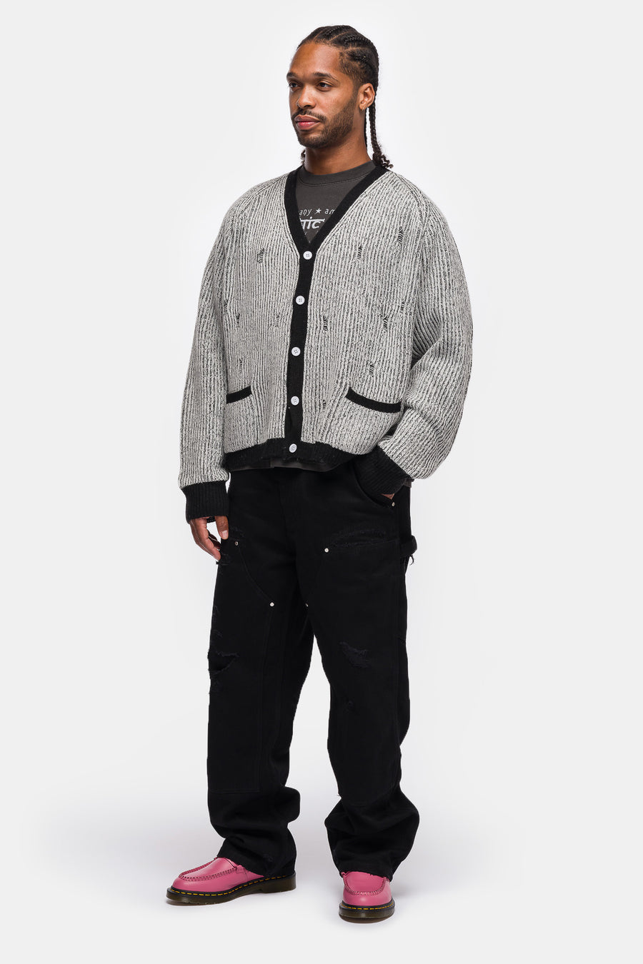 Basketcase Gallery Bleach Knit Cardigan in White/Black - Notre