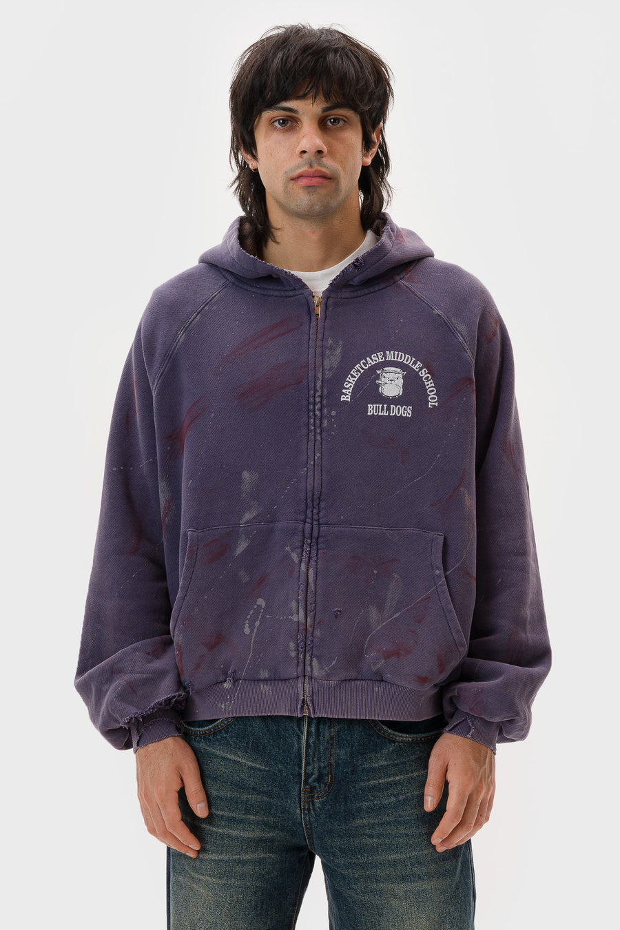 Basketcase Gallery Bulldogs Paint Splatter Thermal Lined Zip Hoodie in Washed Navy - Notre