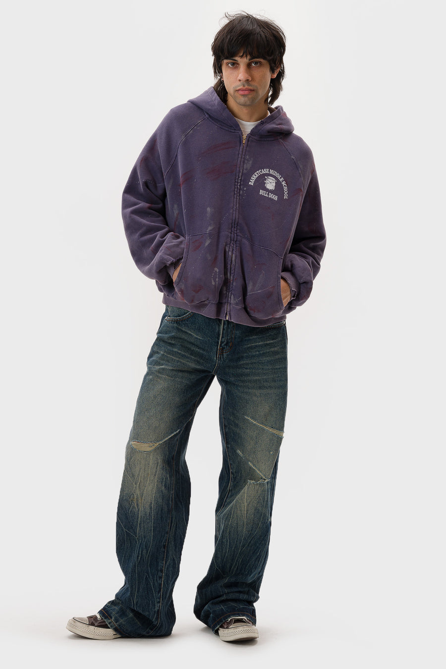 Basketcase Gallery Bulldogs Paint Splatter Thermal Lined Zip Hoodie in Washed Navy - Notre