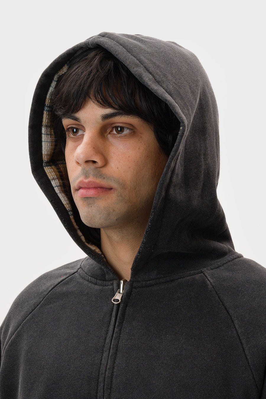 Basketcase Gallery Hench Plaid Thermal Lined Zip Up Hoodie in Vintage Black - Notre