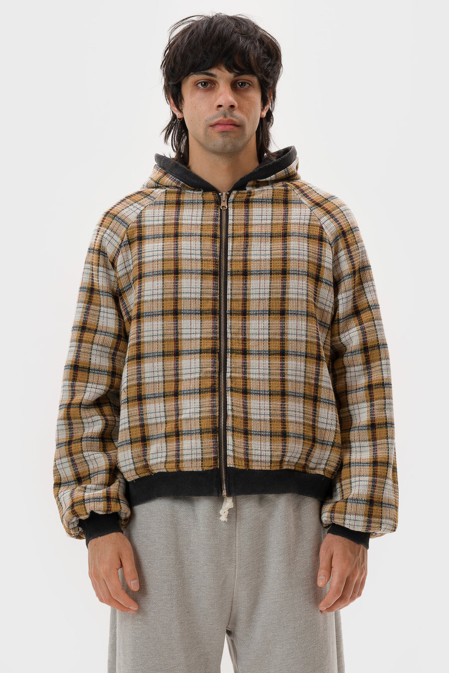 Basketcase Gallery Hench Plaid Thermal Lined Zip Up Hoodie in Vintage Black - Notre
