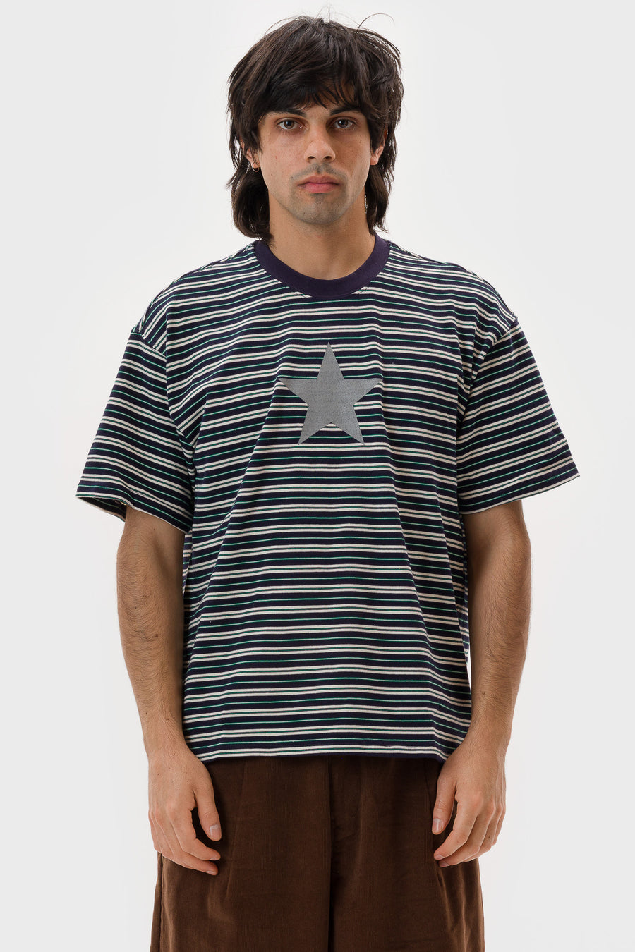 Basketcase Gallery Paris Athletics Striped T-Shirt in Navy/White/Green - Notre