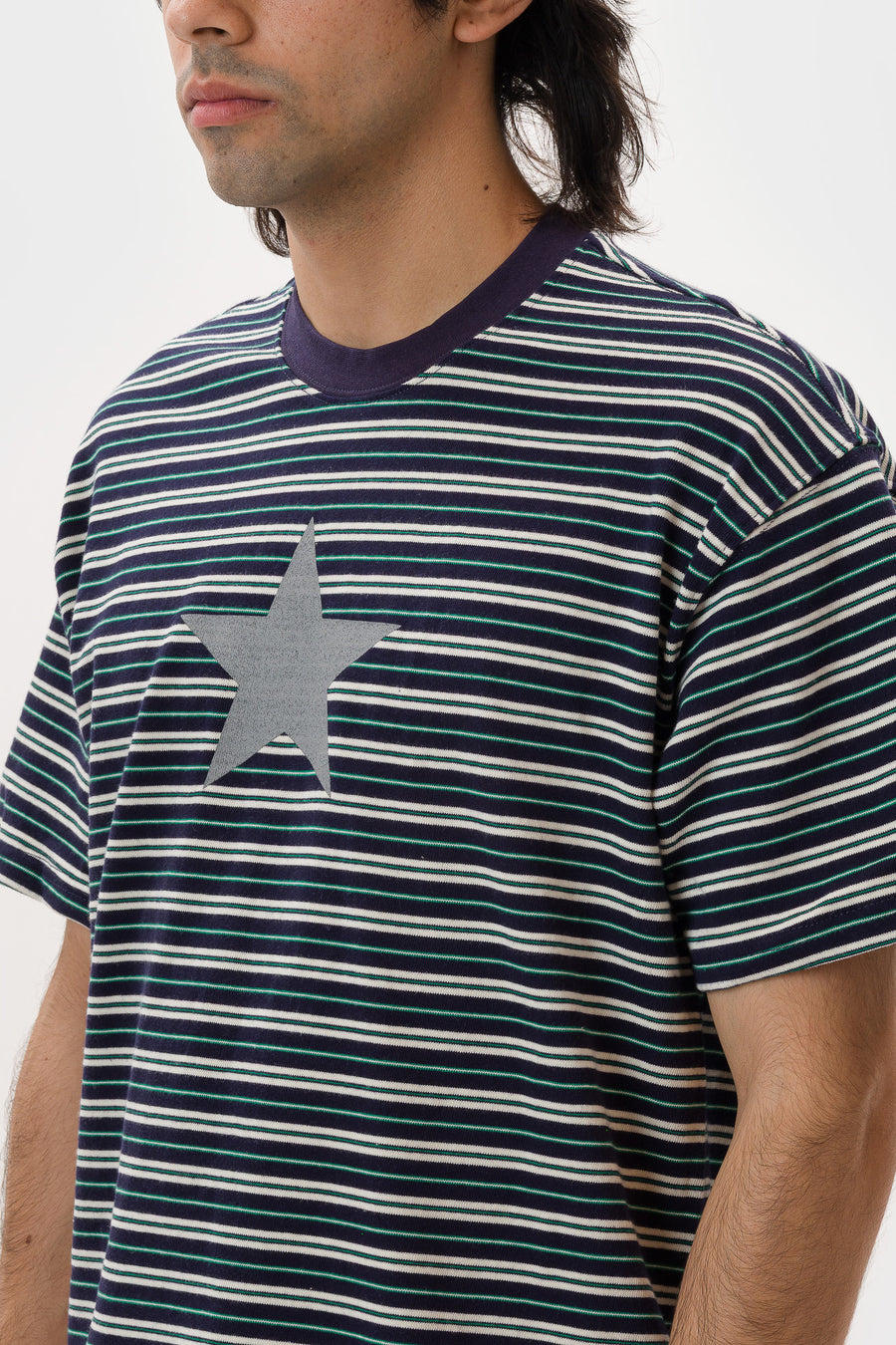 Basketcase Gallery Paris Athletics Striped T-Shirt in Navy/White/Green - Notre