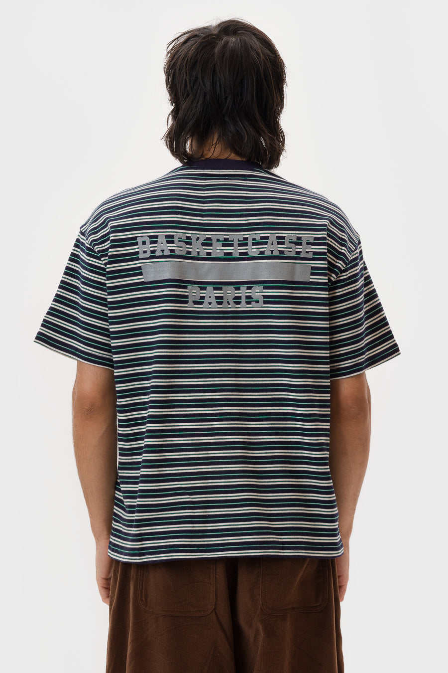 Basketcase Gallery Paris Athletics Striped T-Shirt in Navy/White/Green - Notre