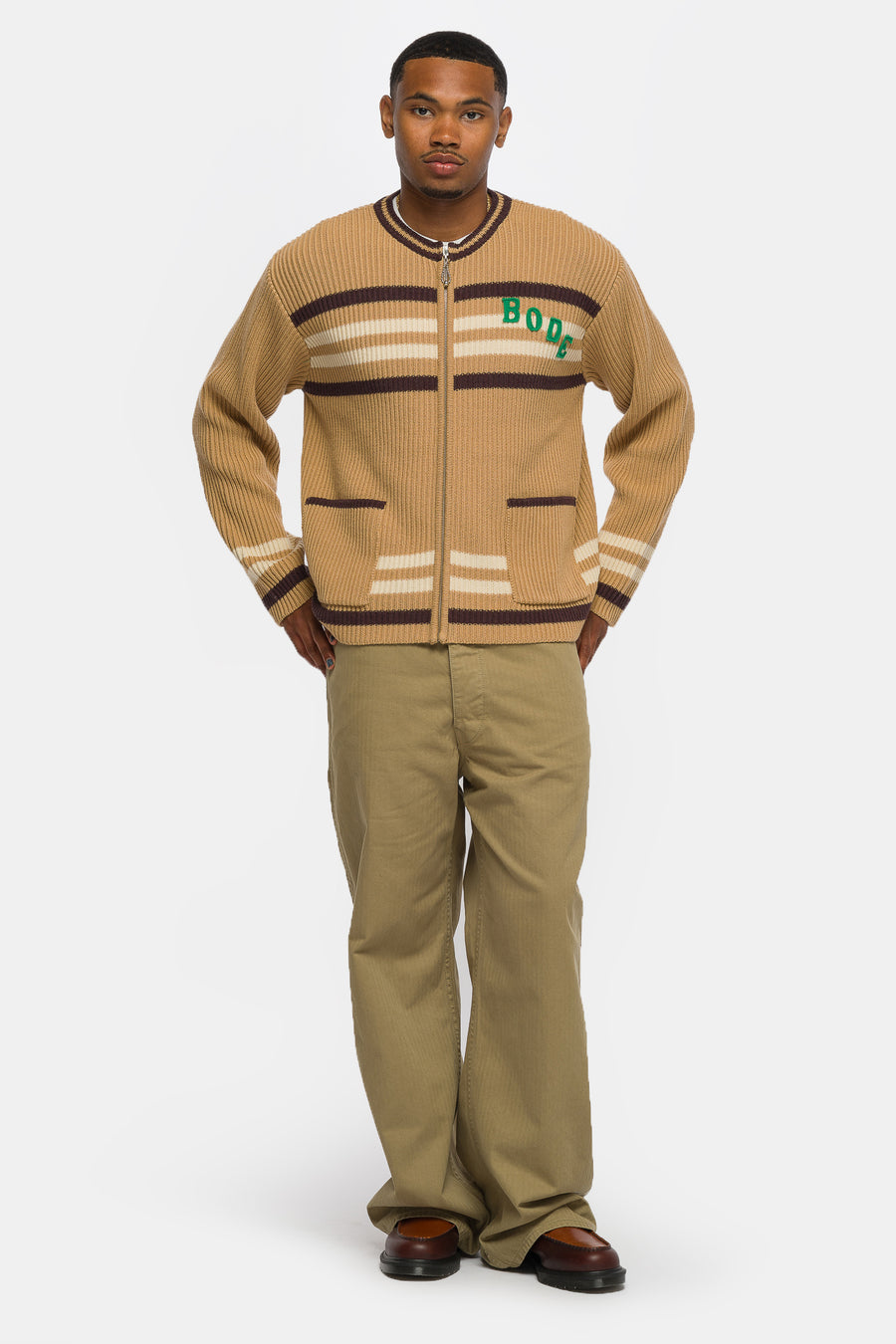 Bode Timber Stripe Cardigan in Tan - Notre