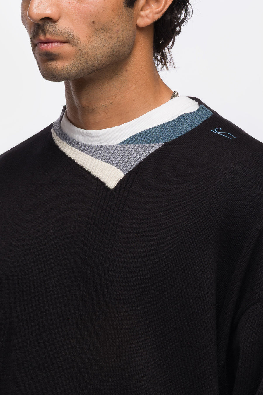 KIKO KOSTADINOV Vig Multi Collar Jumper in Black/Cream/Pine - Notre