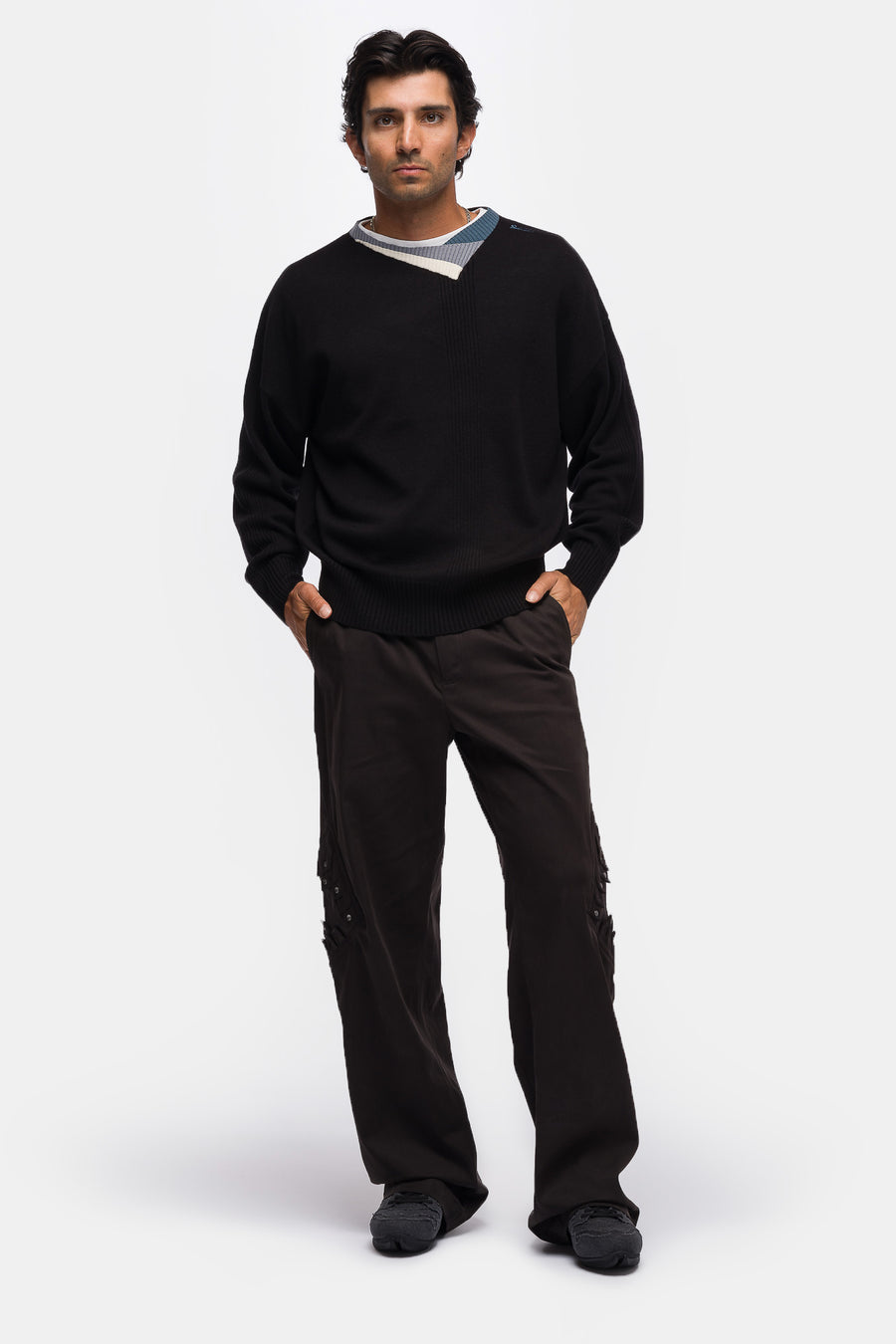 KIKO KOSTADINOV Vig Multi Collar Jumper in Black/Cream/Pine - Notre