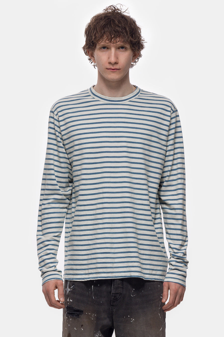 Les Tien Heavyweight Binded Neck Inside Out LS T-Shirt in Ivory Stripe - Notre