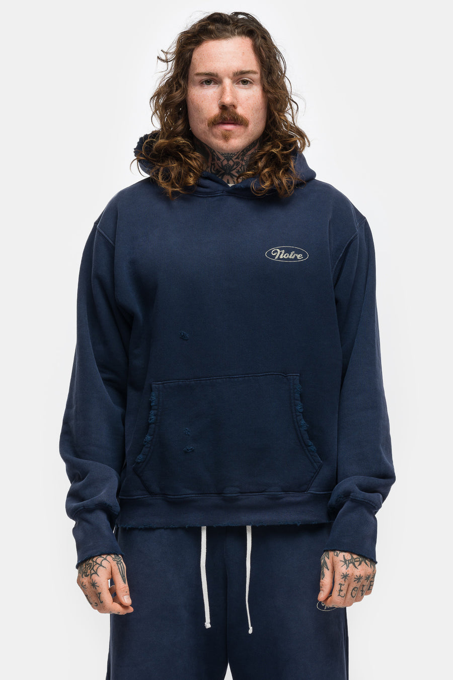 Notre Mechanic Damaged Hoodie in Navy - Notre