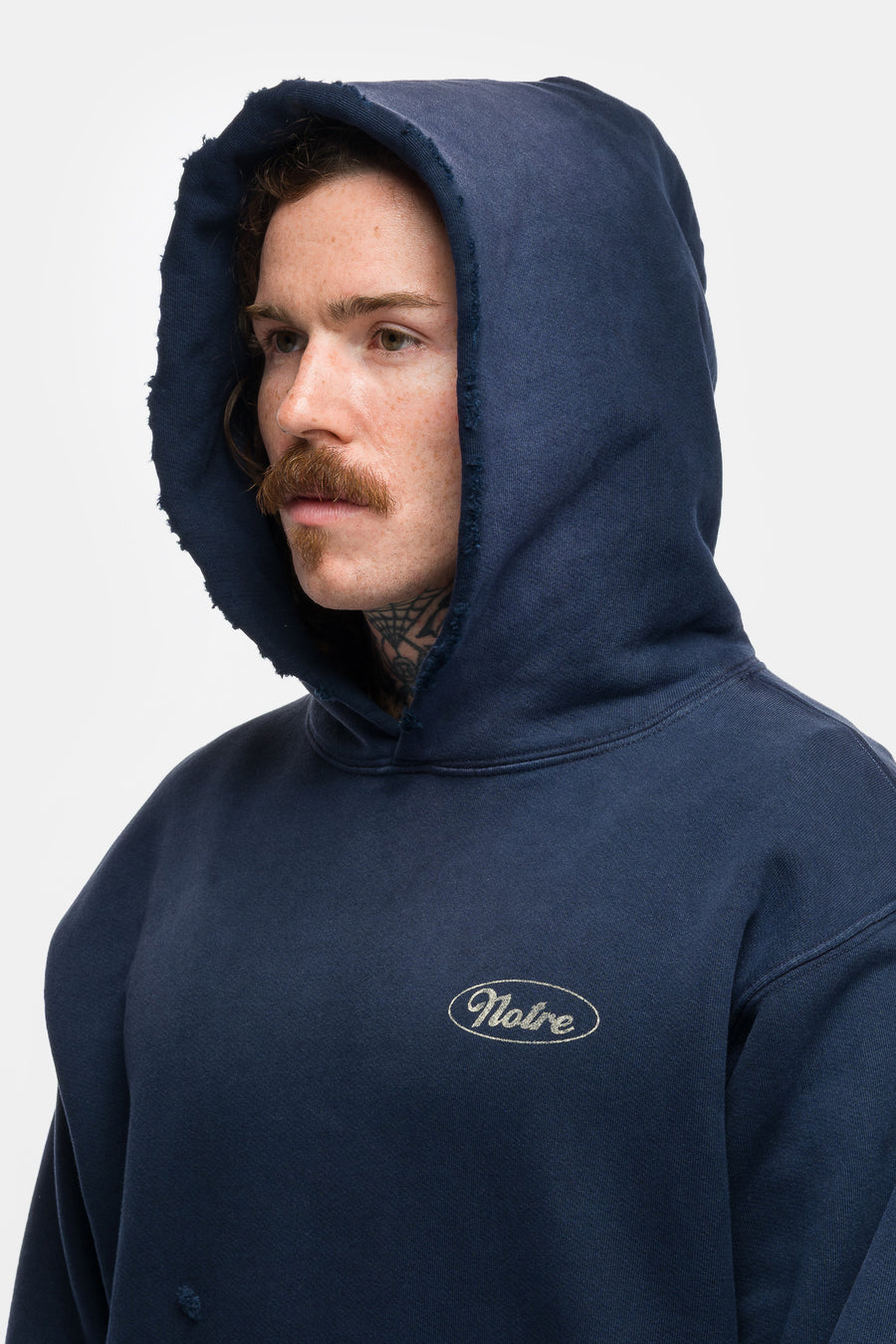 Notre Mechanic Damaged Hoodie in Navy - Notre