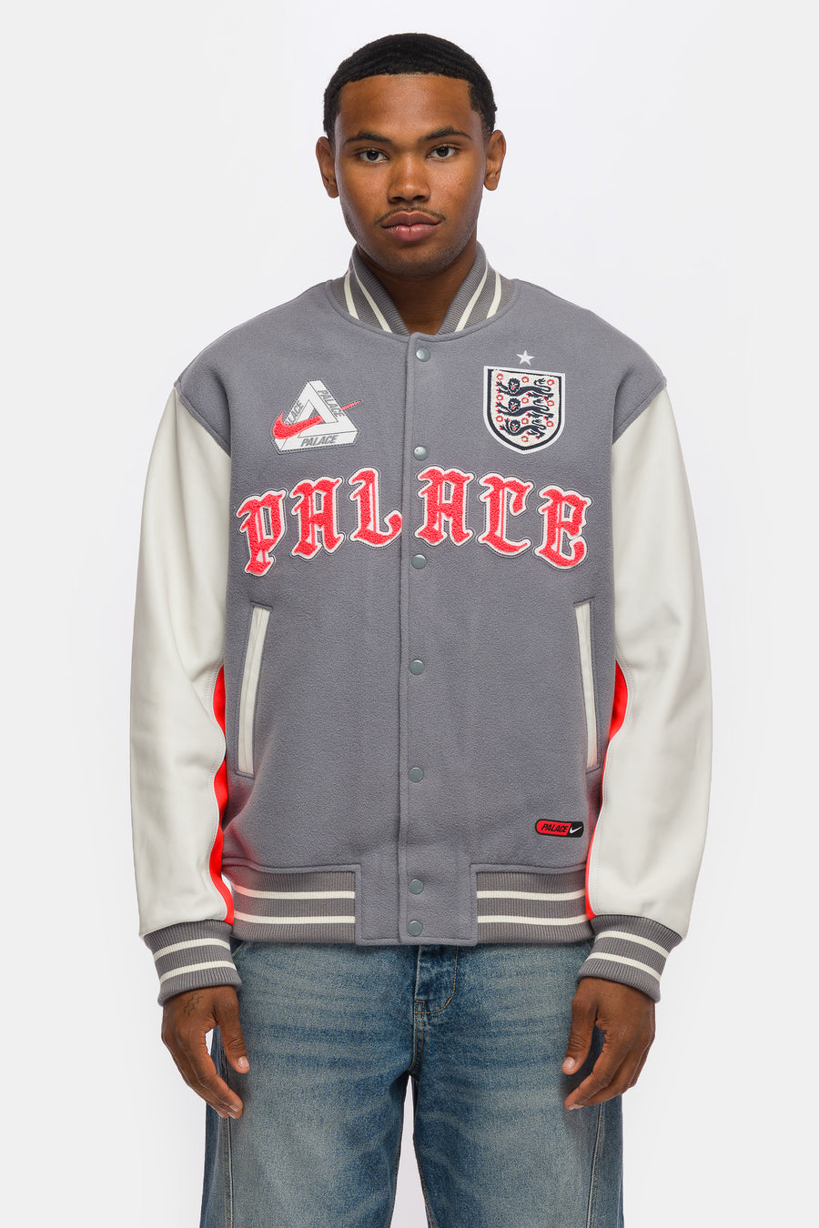 Nike Palace x England Varsity Jacket in Cool Grey/White/Bright Crimson - Notre