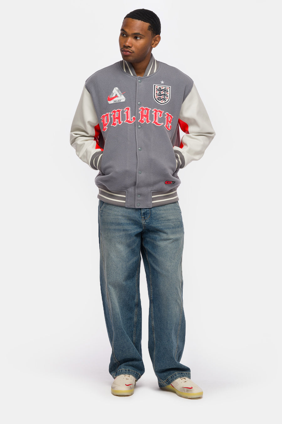 Nike Palace x England Varsity Jacket in Cool Grey/White/Bright Crimson - Notre