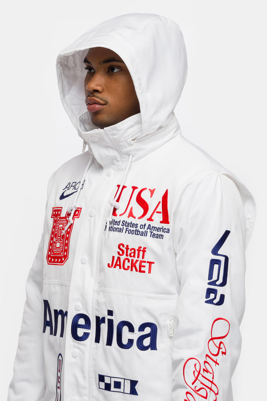 Nike V.A.A. x USA Woven Staff Jacket in White/Deep Royal Blue - Notre