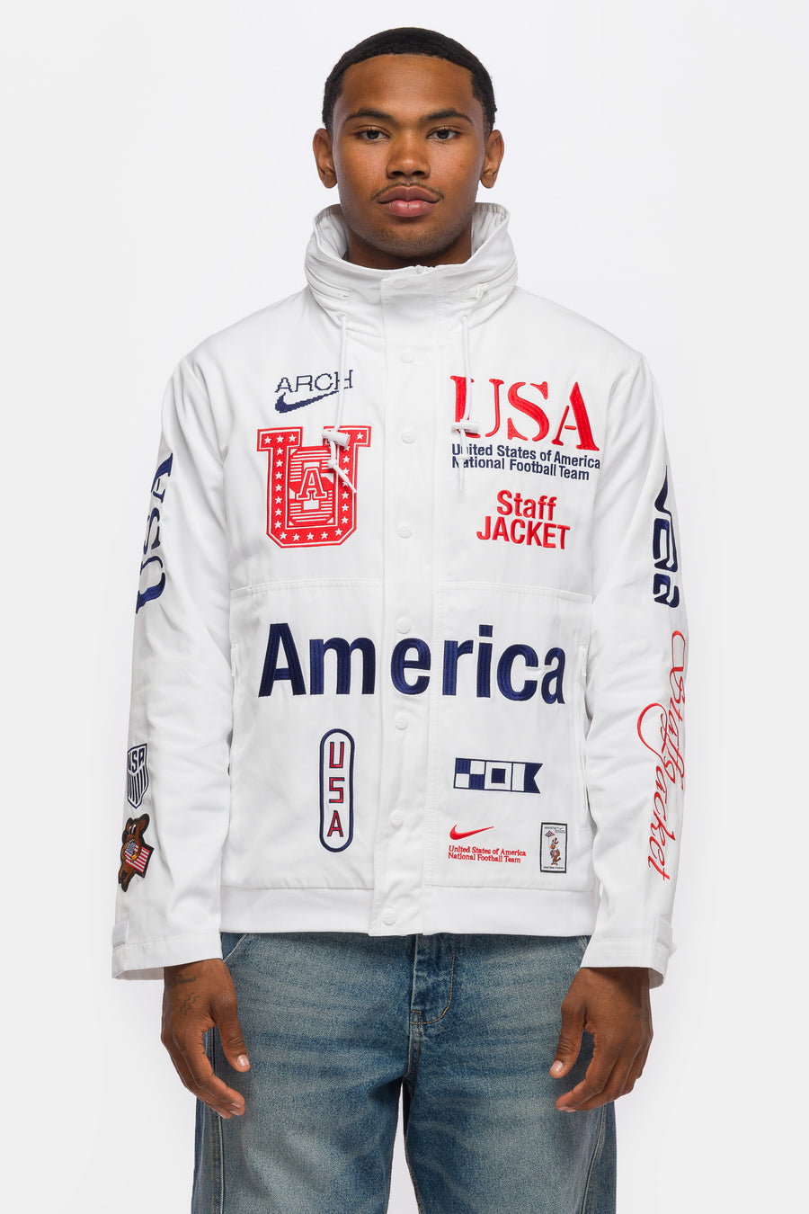 Nike V.A.A. x USA Woven Staff Jacket in White/Deep Royal Blue - Notre