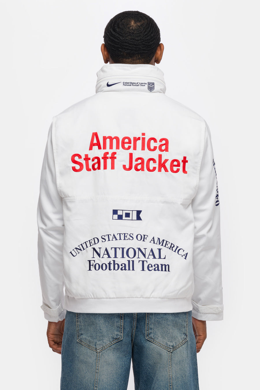 Nike V.A.A. x USA Woven Staff Jacket in White/Deep Royal Blue - Notre