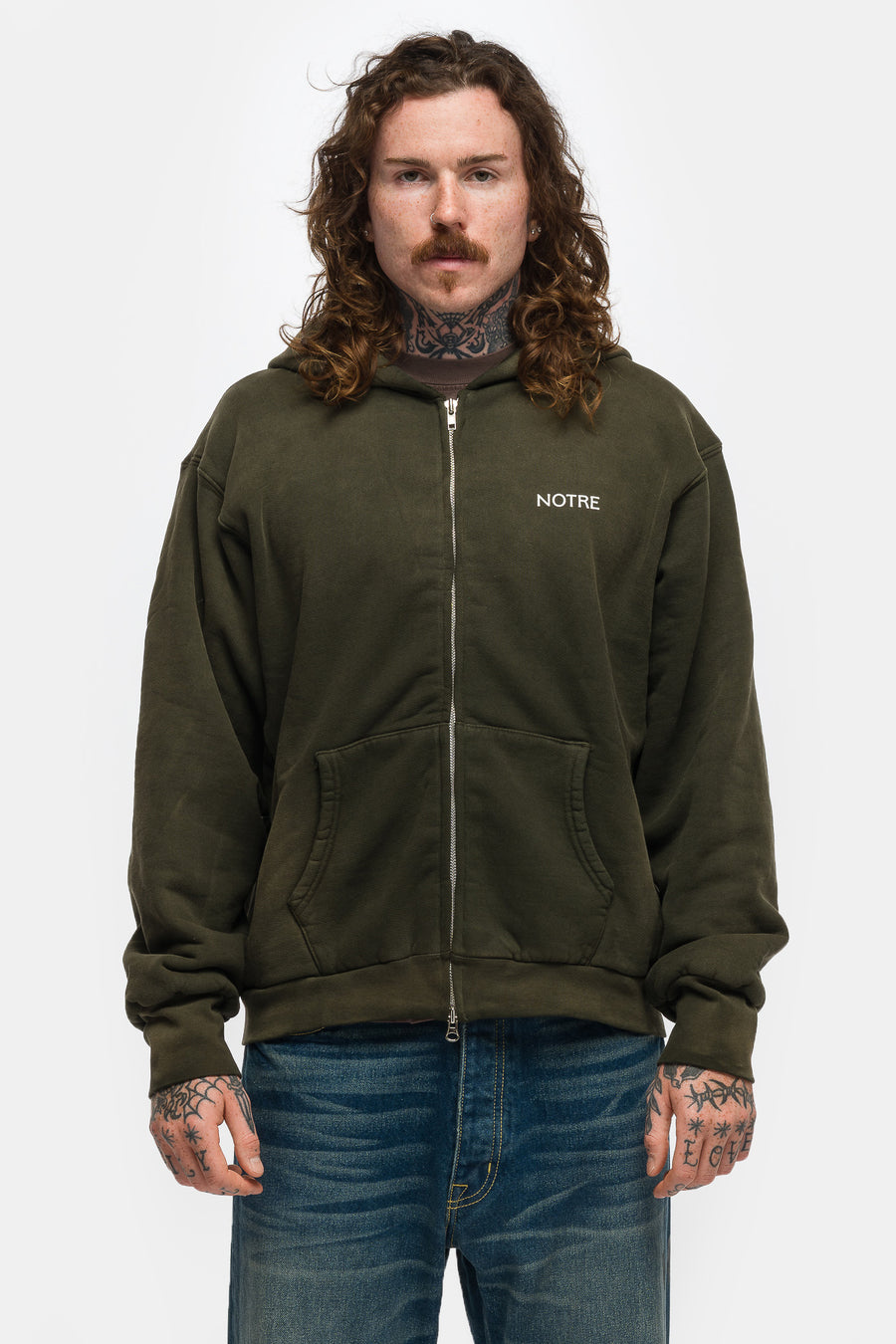Notre Logo Thermal Lined Zip Hoodie in Washed Olive - Notre