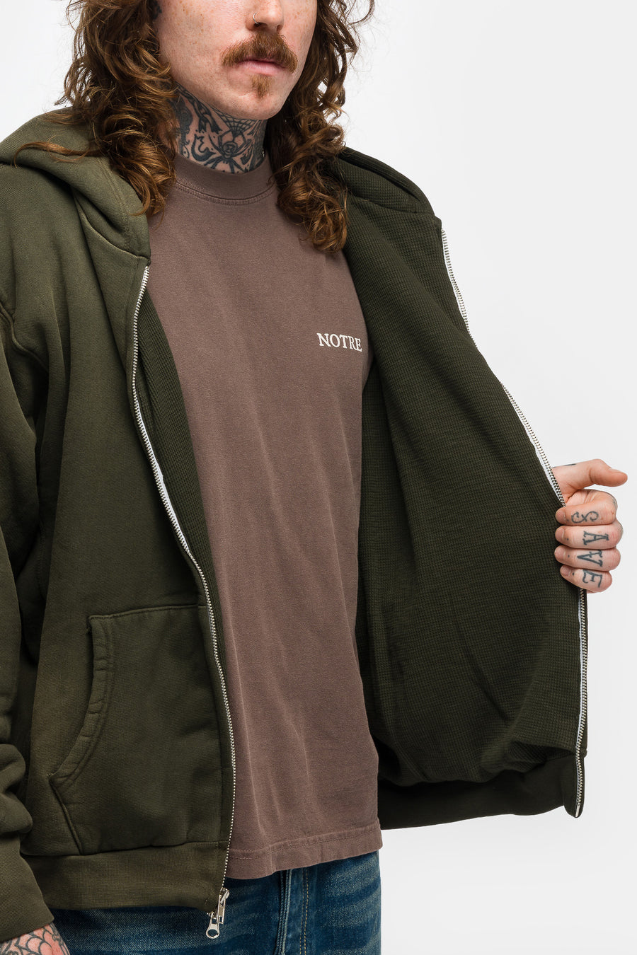 Notre Logo Thermal Lined Zip Hoodie in Washed Olive - Notre