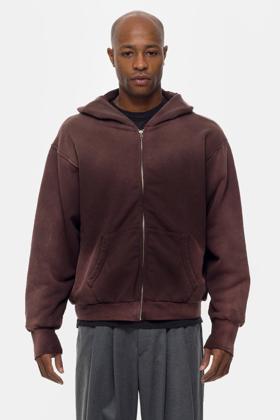 Notre Washed Thermal Lined Zip Up Hoodie in Fig Brown - Notre