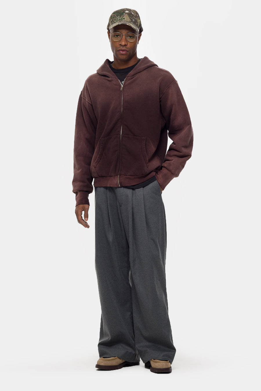 Notre Washed Thermal Lined Zip Up Hoodie in Fig Brown - Notre