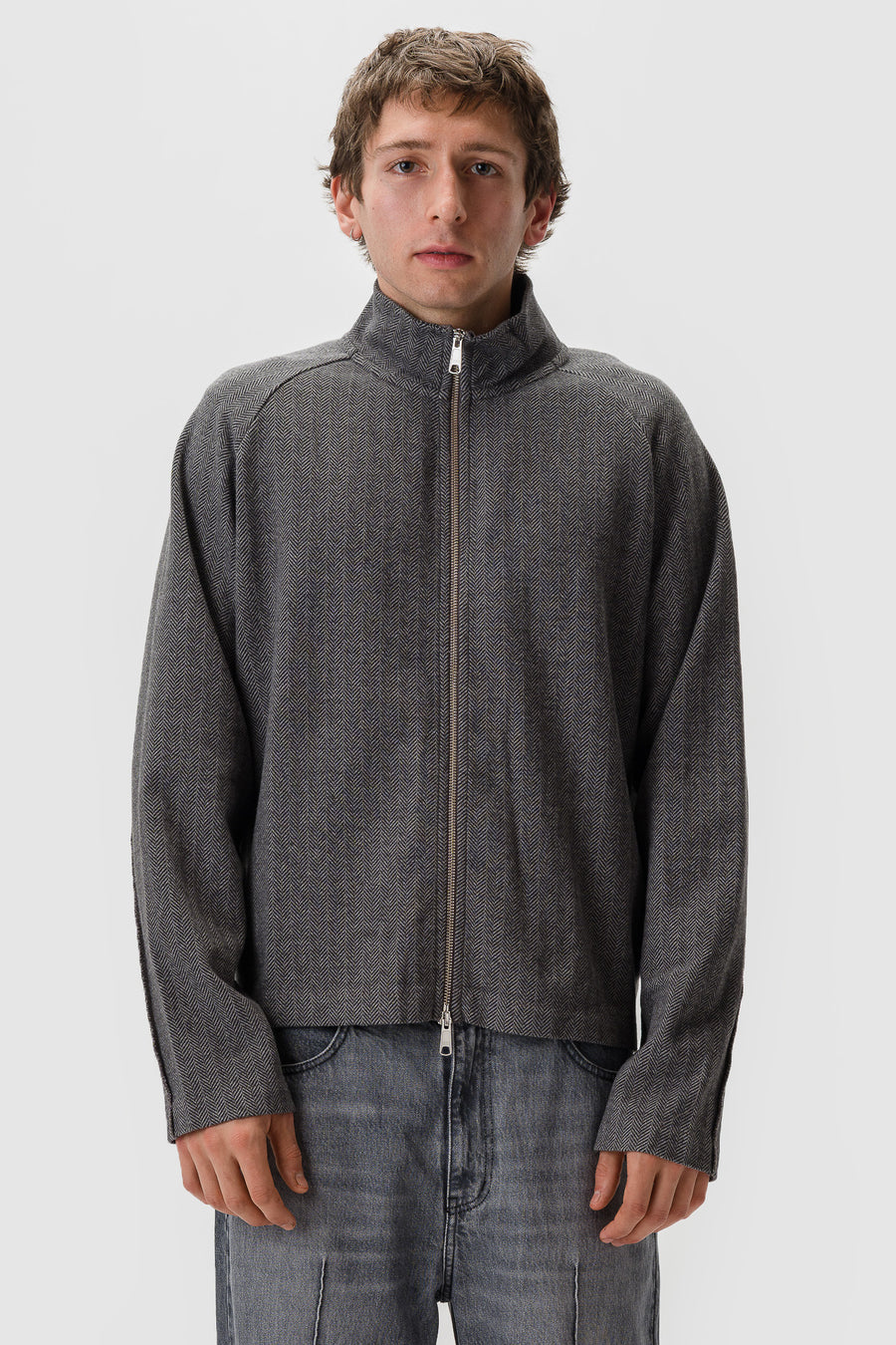 Leisure Zip Up in Grey Herringbone