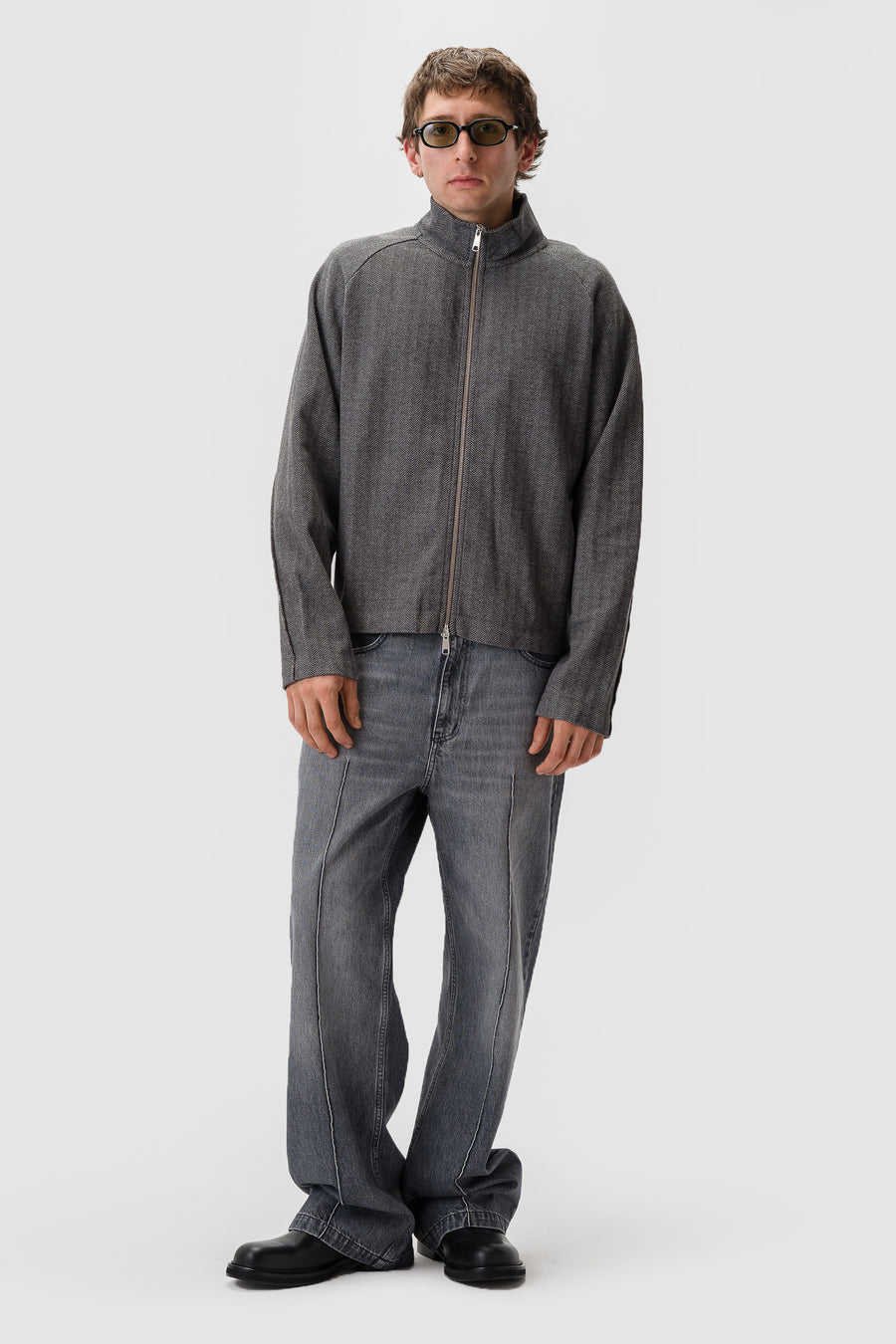 Leisure Zip Up in Grey Herringbone