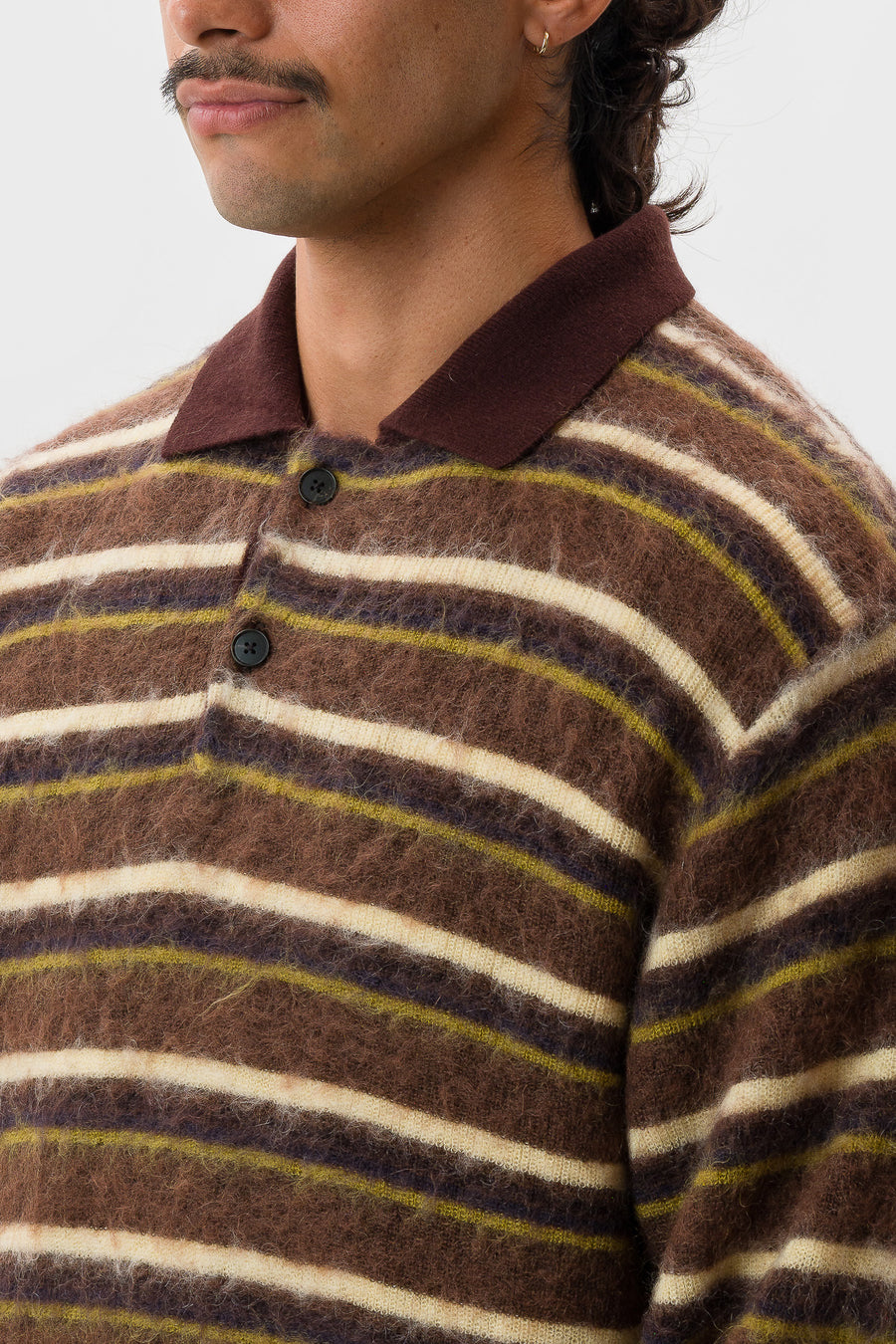 ssstein Kid Mohair Ribbed Knit LS Polo in Brown Multi - Notre