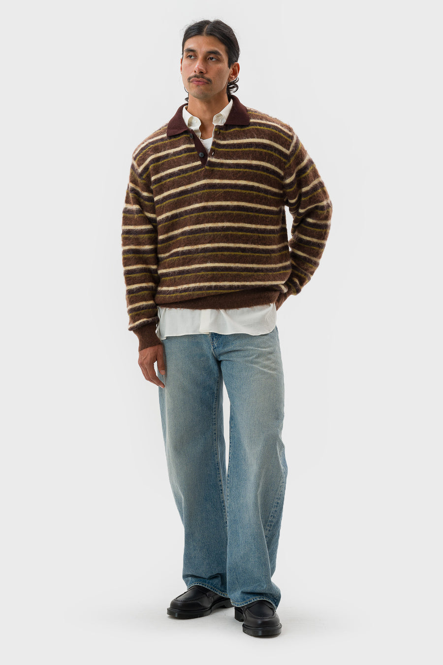 ssstein Kid Mohair Ribbed Knit LS Polo in Brown Multi - Notre
